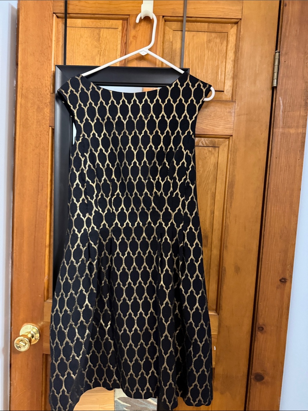 Vince Camuto Black Dress with Gold Lattice Pattern
